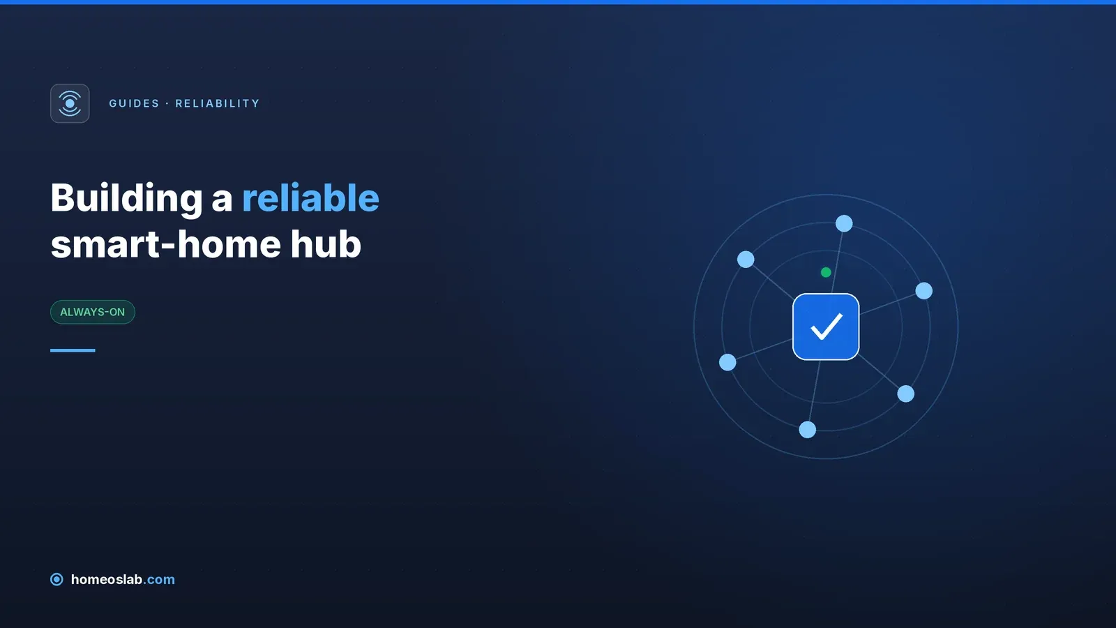 A central hub with a checkmark, ringed by signal waves and six connected device nodes — a reliable smart-home hub.