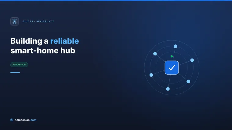 A central hub with a checkmark, ringed by signal waves and six connected device nodes — a reliable smart-home hub.